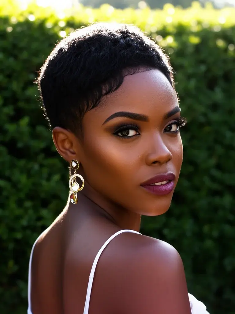 Boy cut back-glance on a Nigerian woman with natural black hair, backlit outdoors