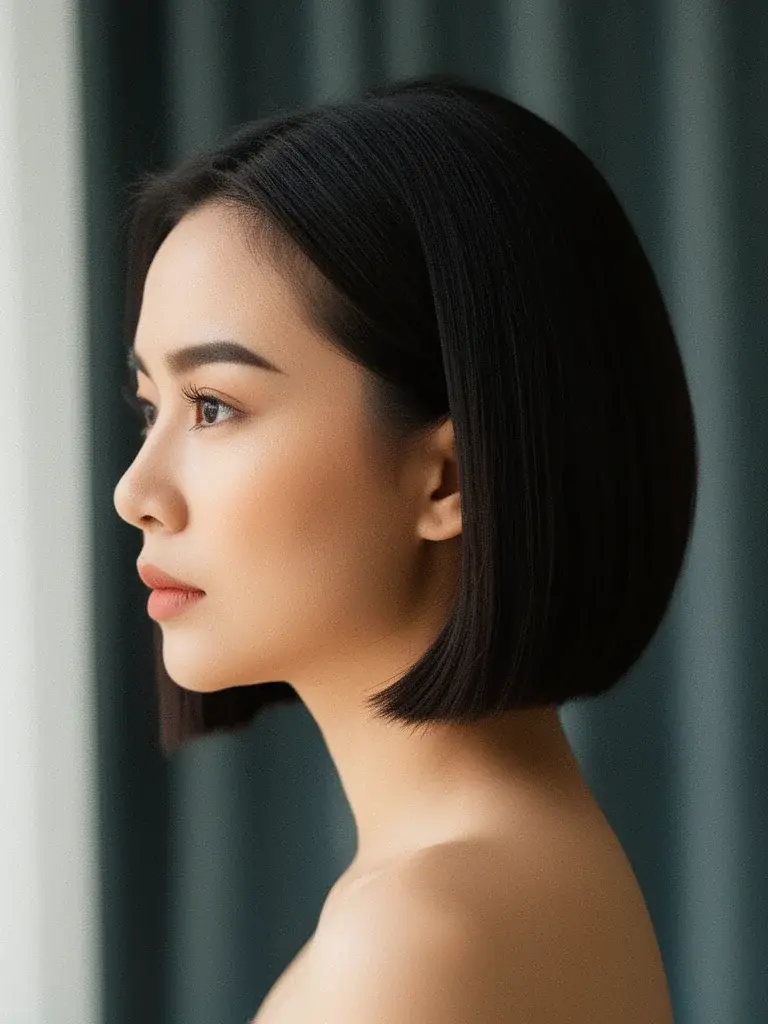 Vietnamese woman with inverted bob, side profile showing stacked back graduation