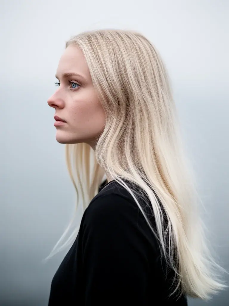 Scandinavian woman with mid-back length blonde hair flowing freely, showing the growth journey mid-stage