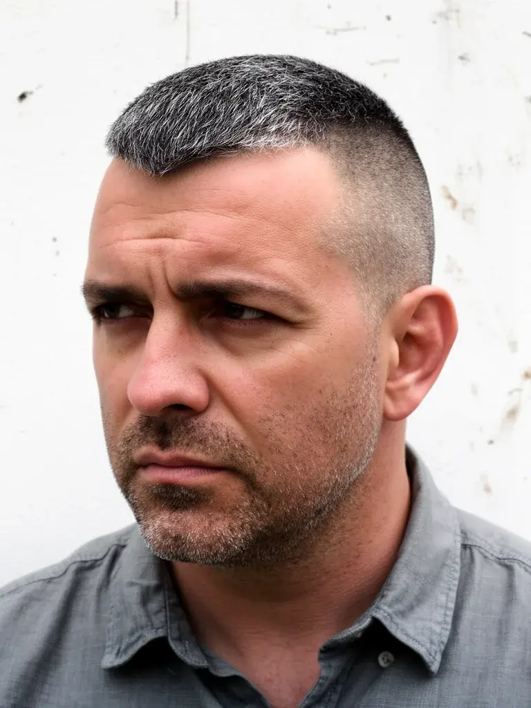 Modern buzz on Black man showing natural coil texture at buzz length