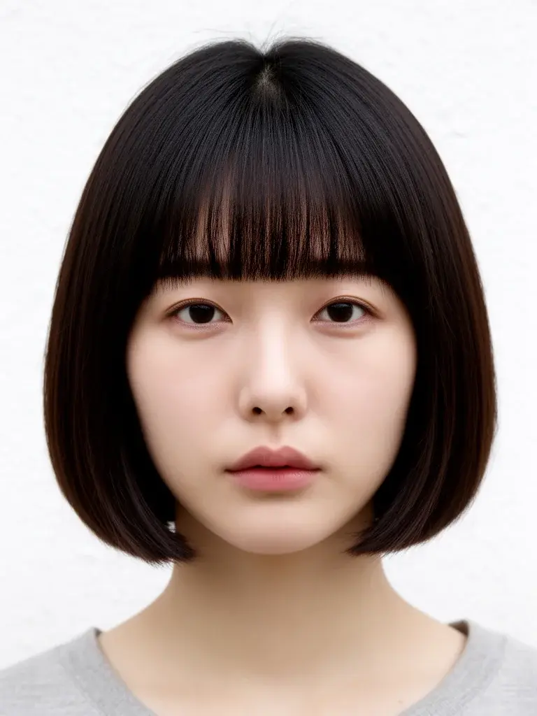 Korean woman with blunt bob, front view showing uniform jaw-length cut and clean weight line