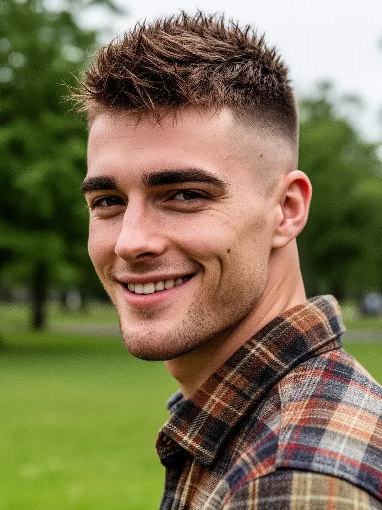 Overgrown buzz with beard showing contrast between short hair and facial hair