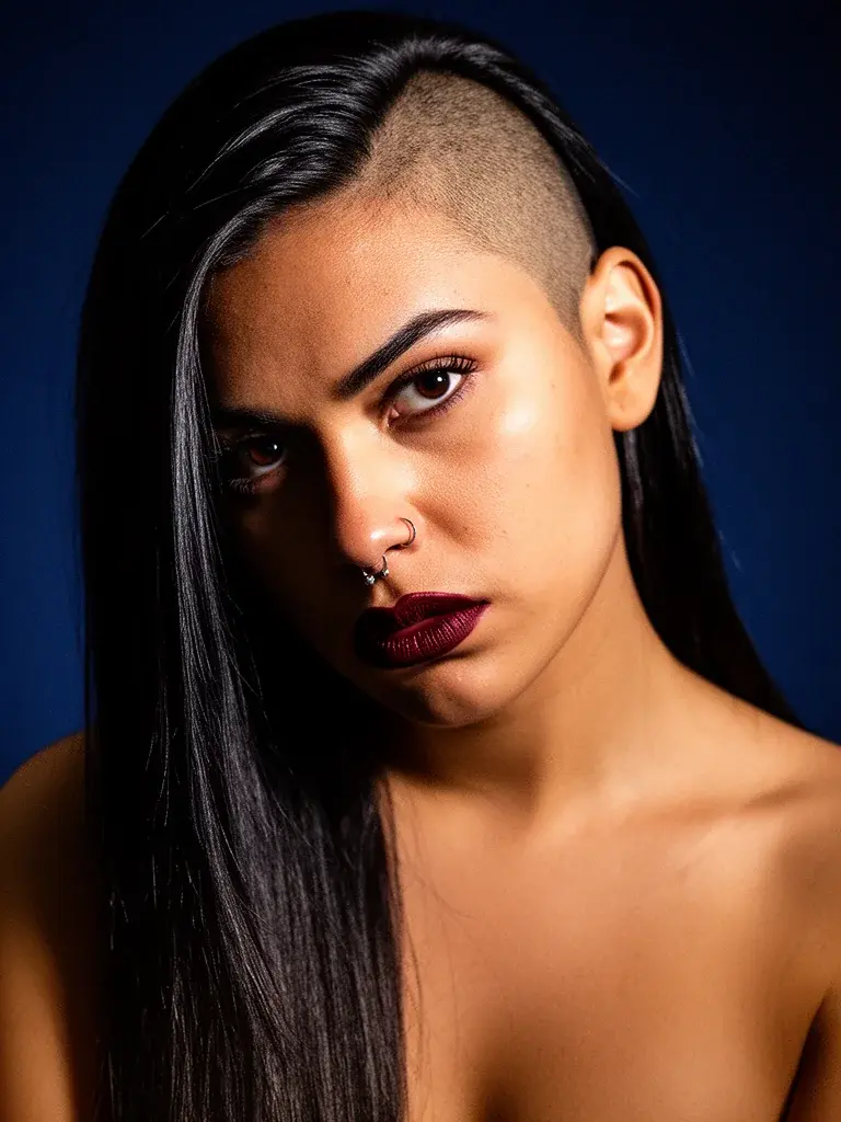 Geometric nape undercut design on a South Asian woman with dark hair
