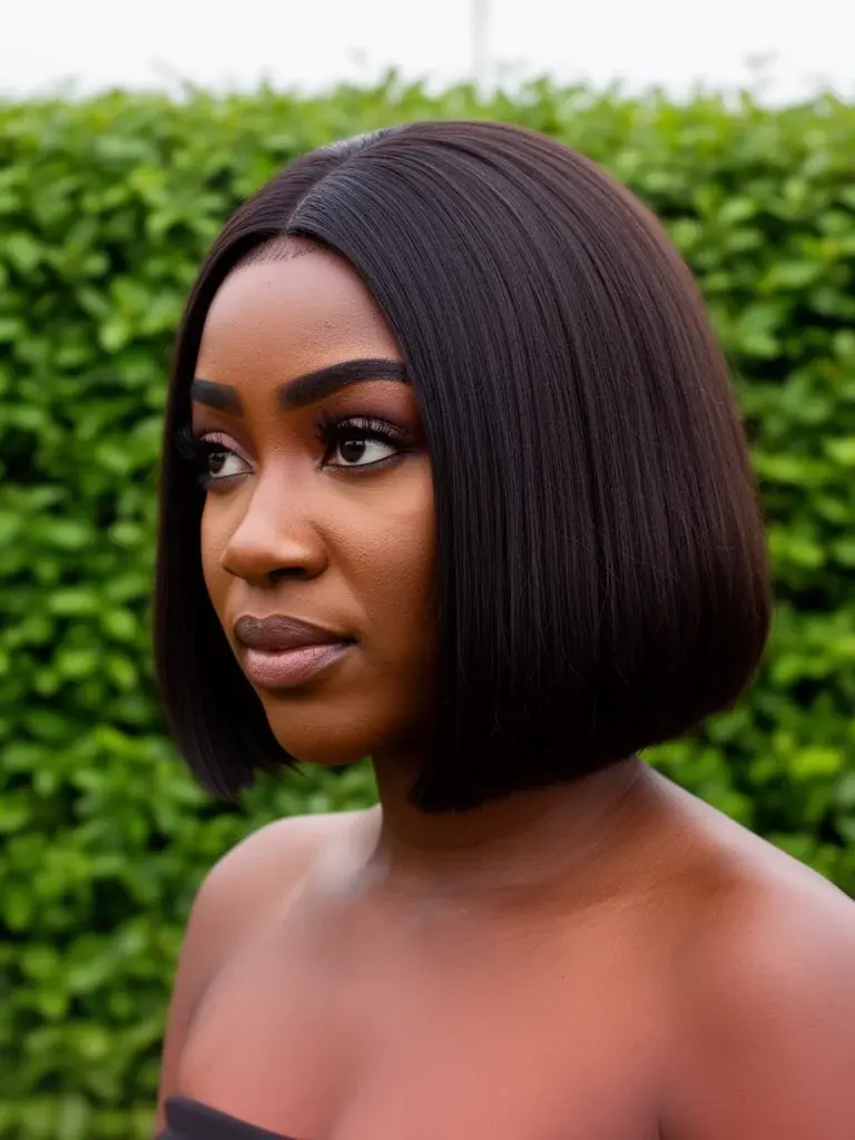 Nigerian woman with blunt bob, three-quarter view in natural outdoor light