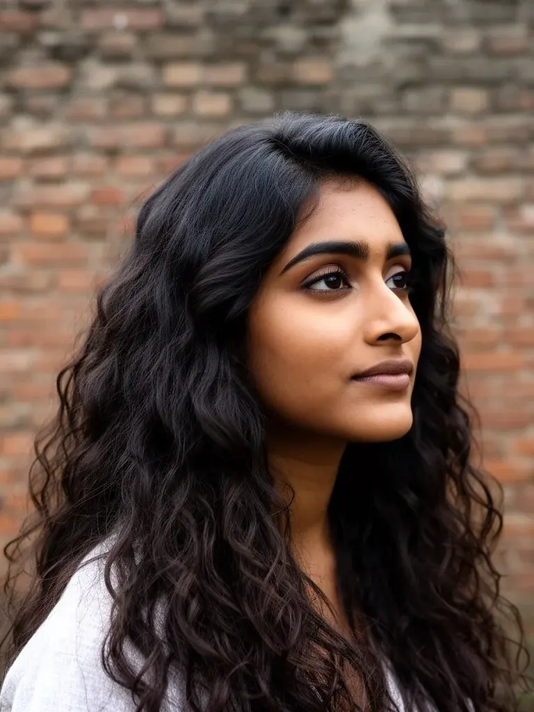 South Asian woman with boho waves, three-quarter view in natural outdoor light