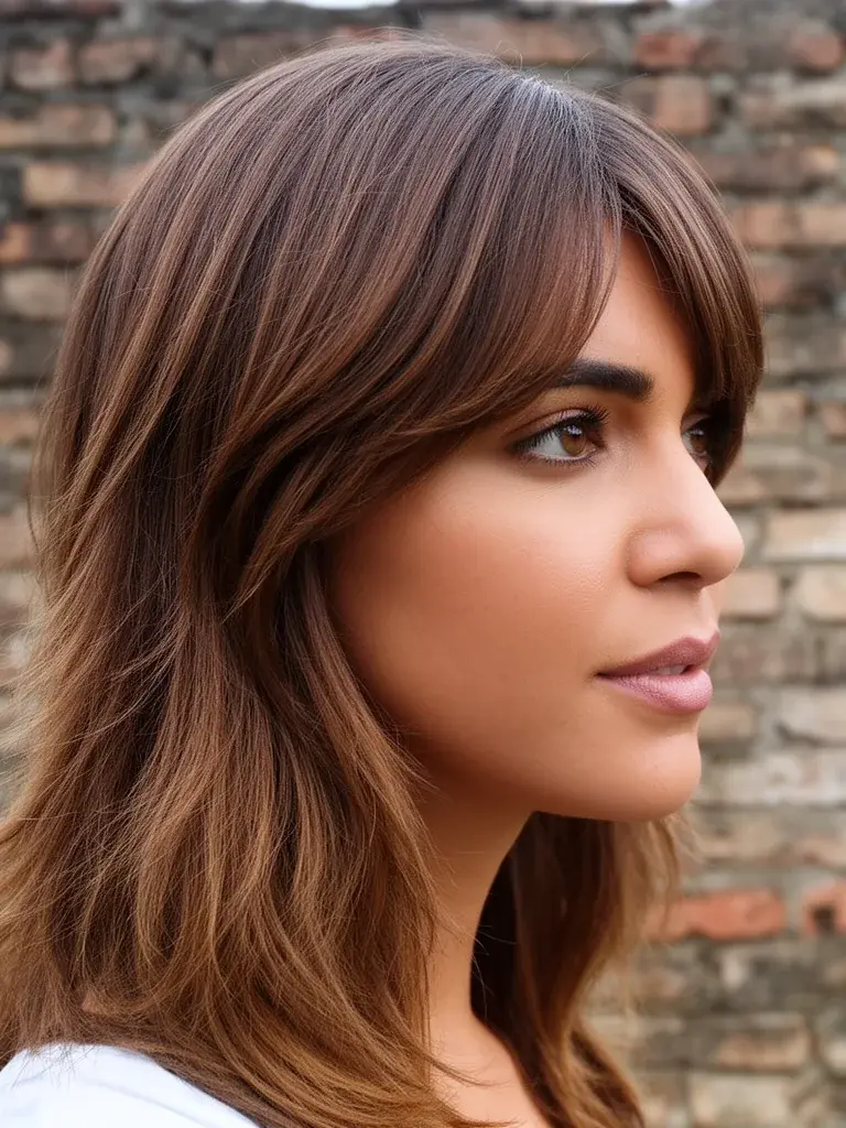 Brazilian woman with side-swept bangs, side profile showing sweep angle and direction
