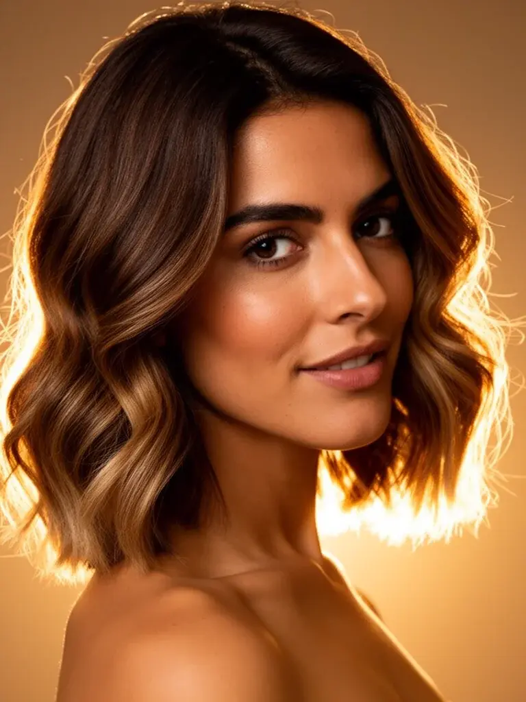 Italian woman with warm-toned lob, three-quarter view backlit