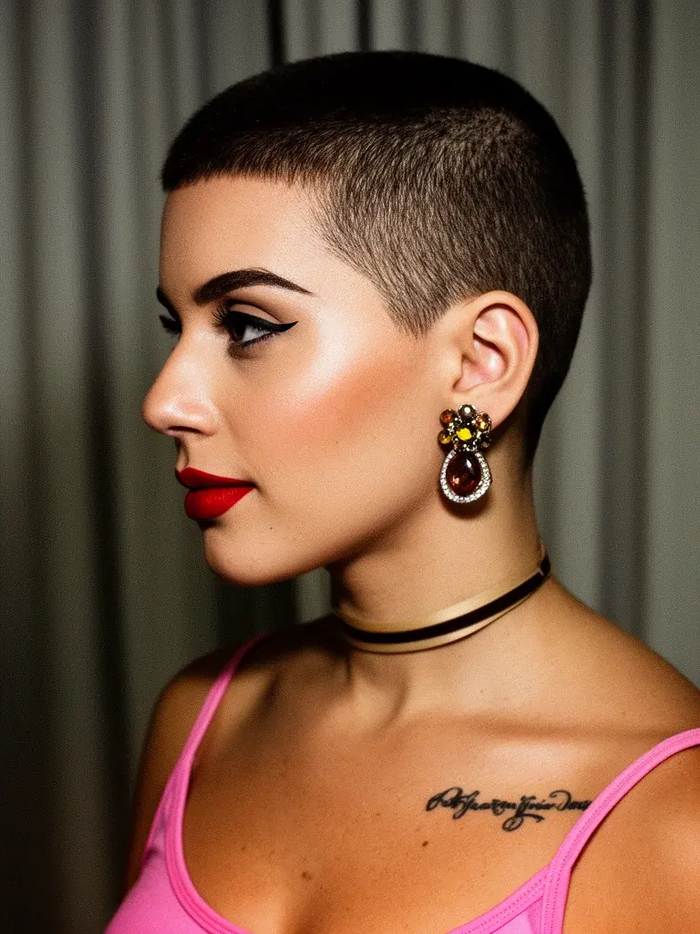 Brazilian woman with buzz cut, side profile with split lighting and retro vintage makeup