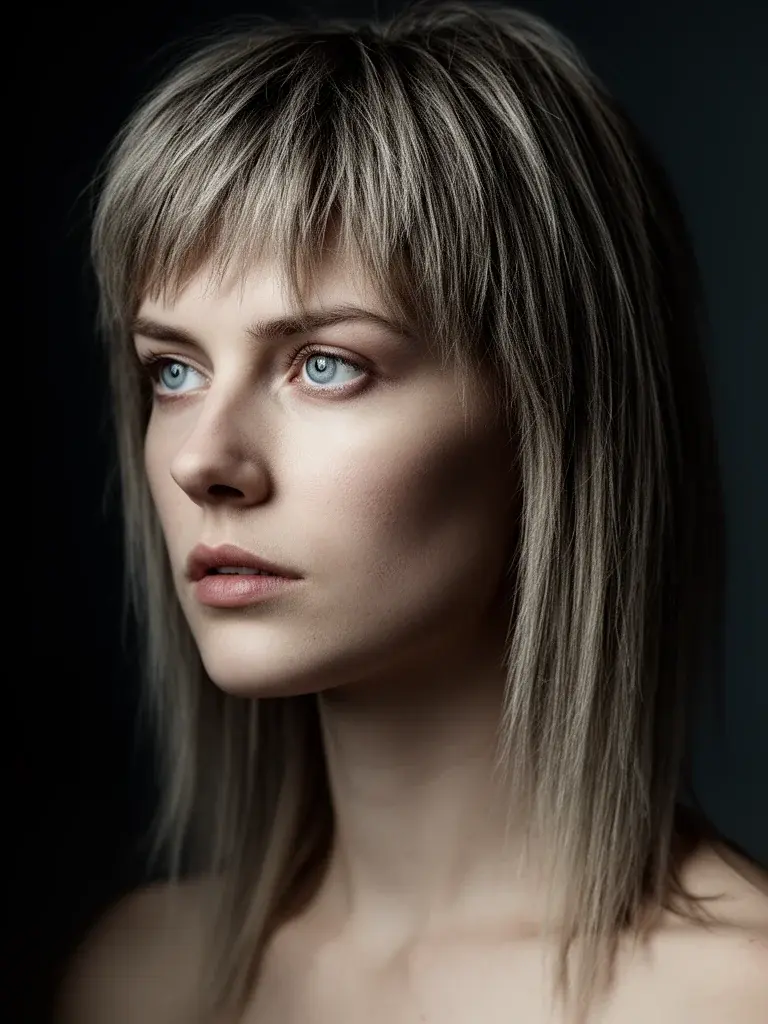 Polish woman with wolf cut, three-quarter view in moody directional light