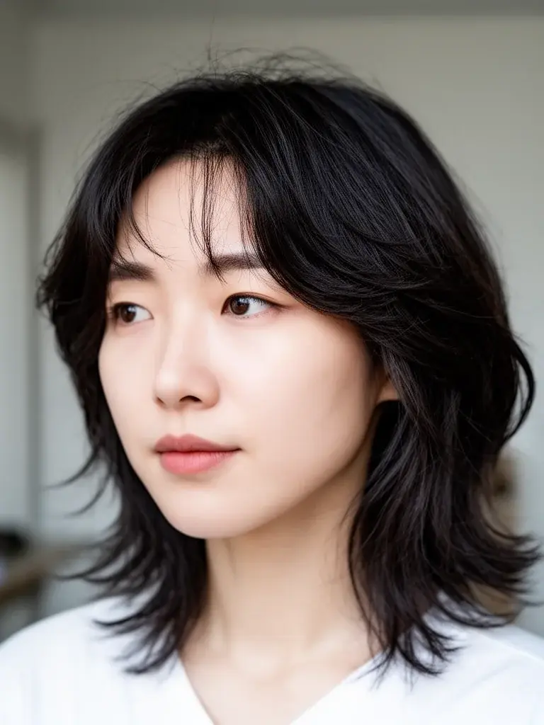 Korean woman with wolf cut, air-dried and slightly undone styling