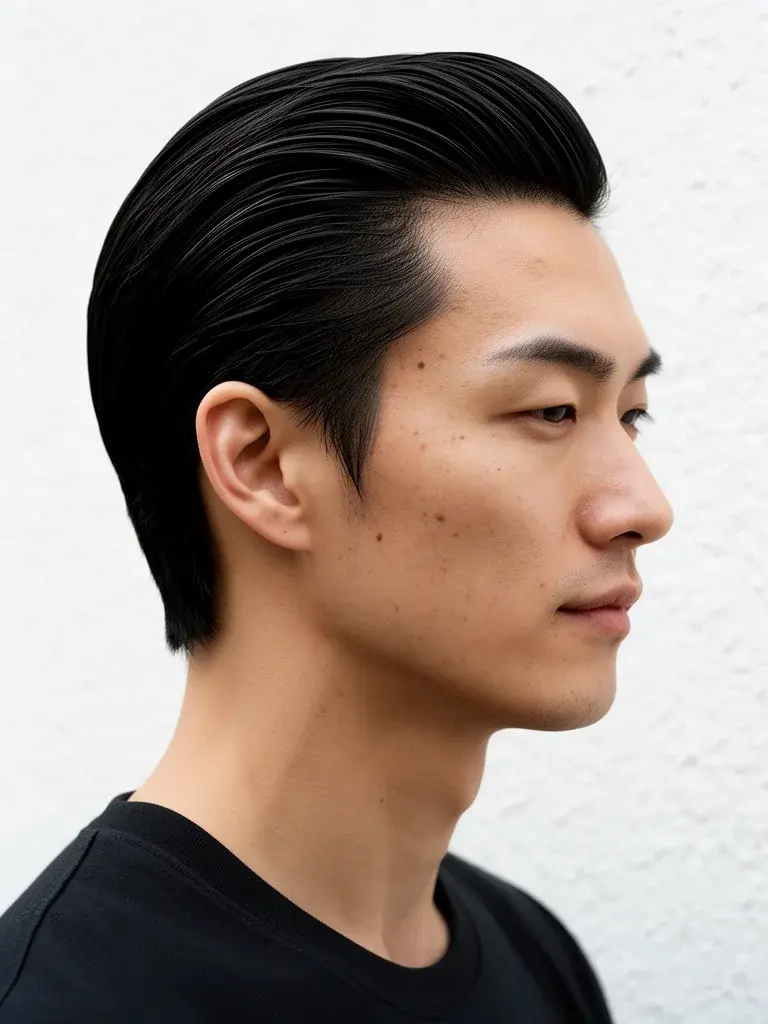 Slicked back three-quarter view with wet-look shine and defined lines