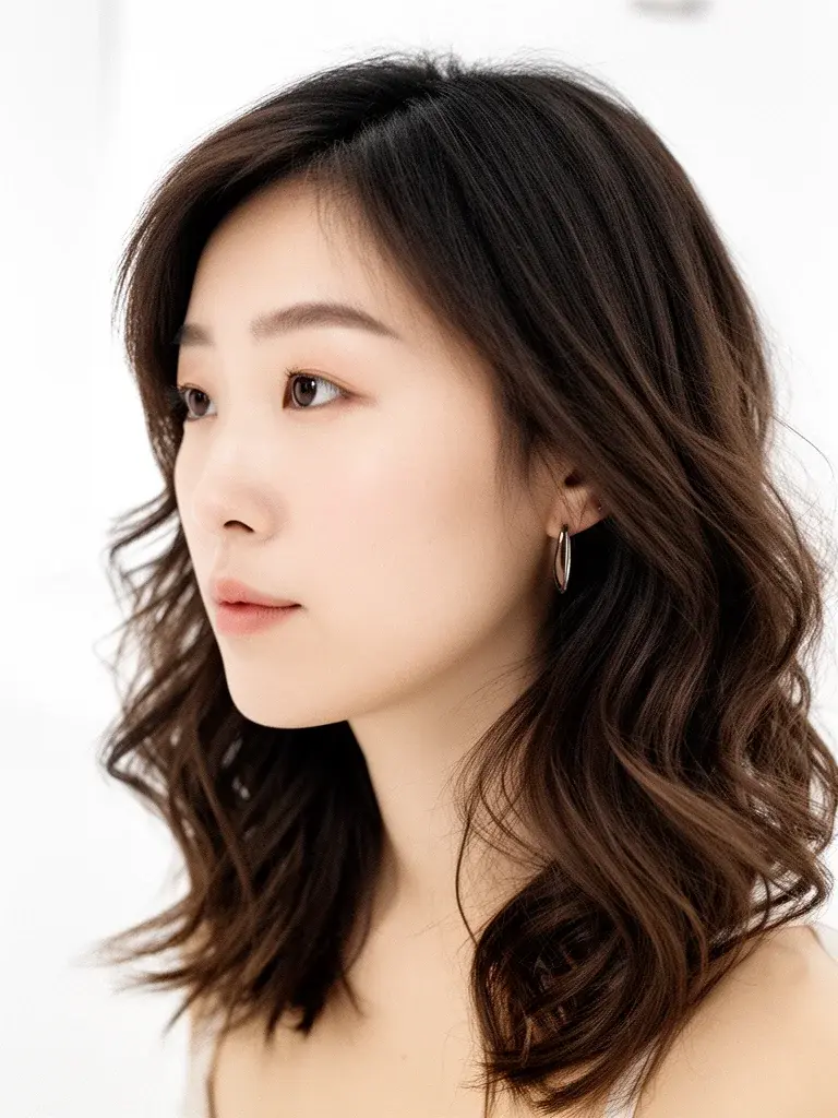 V-cut layers on a Turkish woman with medium brown hair, side profile showing length