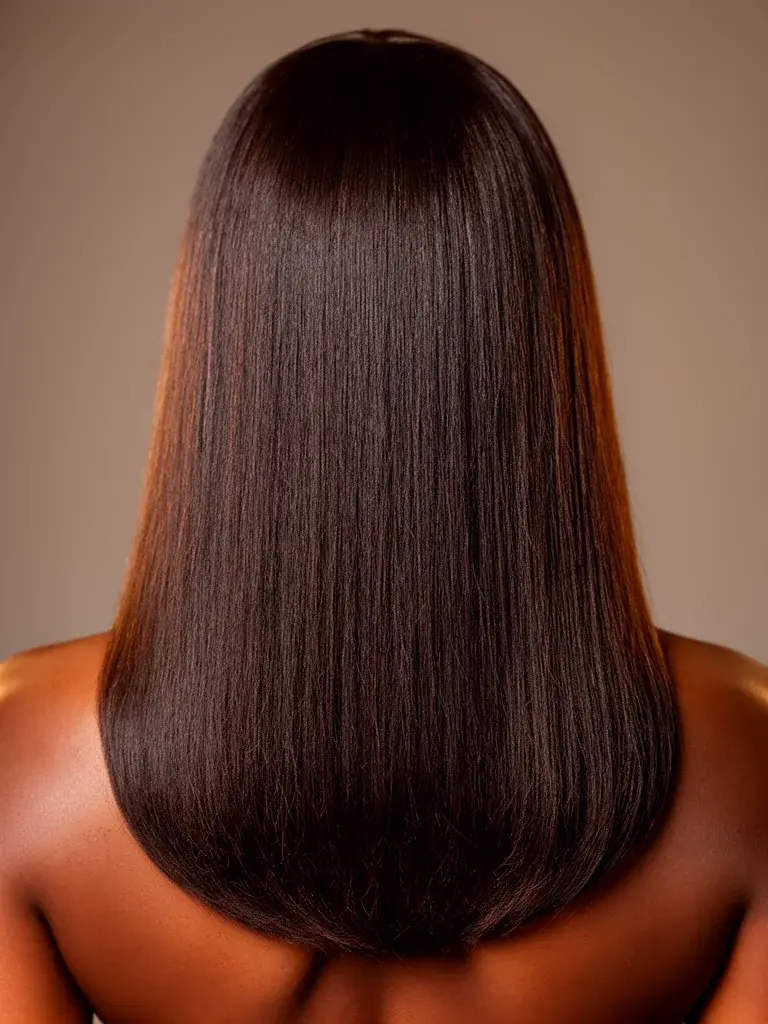 White woman with long U-cut hair, back view showing the soft rounded curve of the ends