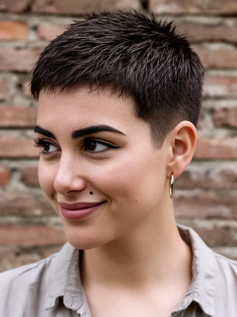 Short pixie cut over-shoulder glance on a Polish woman with platinum blonde hair