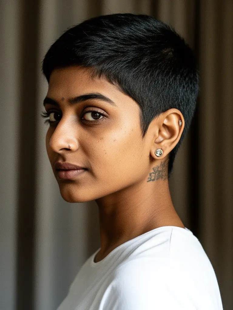 Short pixie cut front view on a Brazilian woman with dark brown hair, relaxed outdoor light