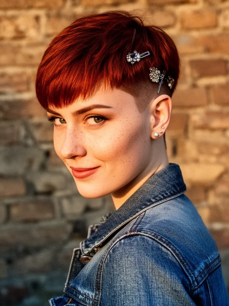 French crop over-shoulder glance on a Polish woman with auburn hair outdoors