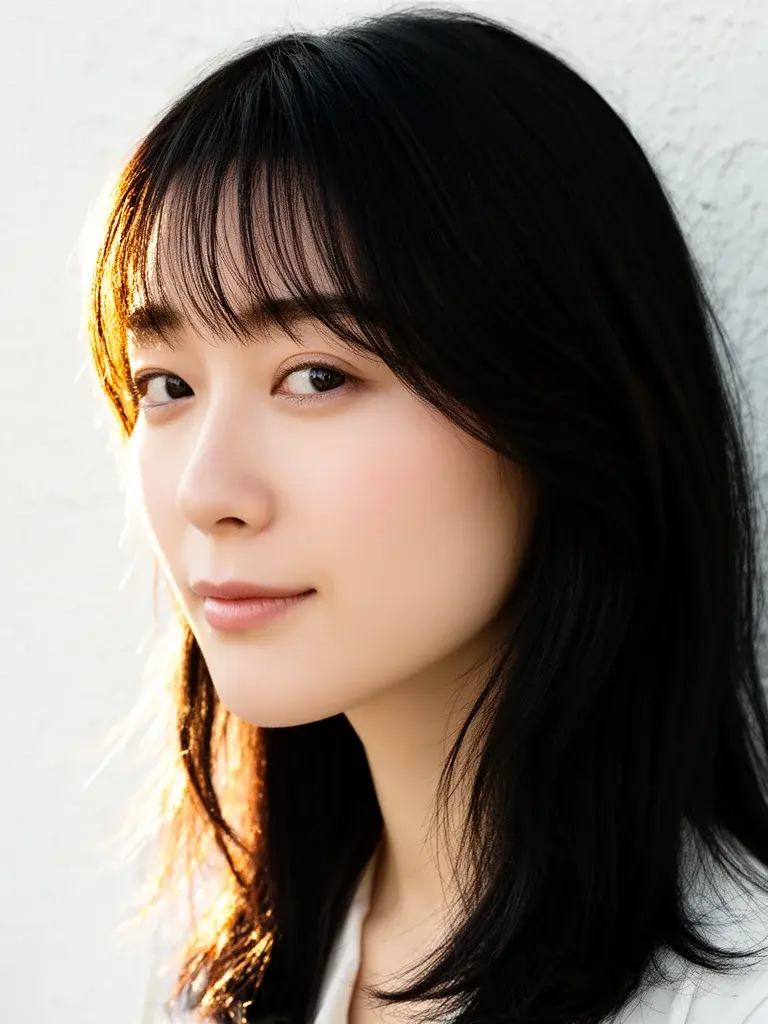 Japanese woman with face-framing layers, backlit three-quarter view