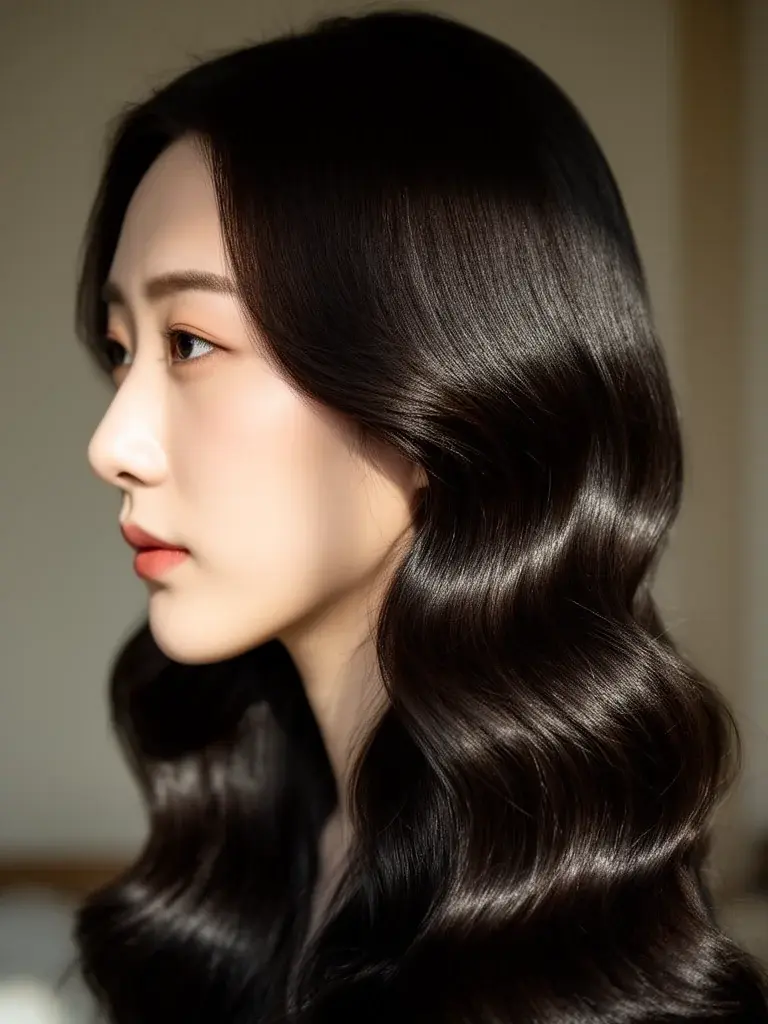Hollywood waves side profile on a Korean woman, showing wave depth and shine