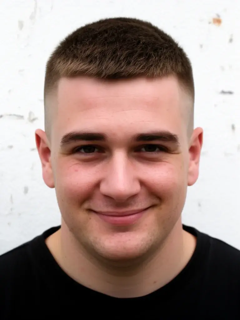Crew cut front view showing low-volume top and clean natural hairline