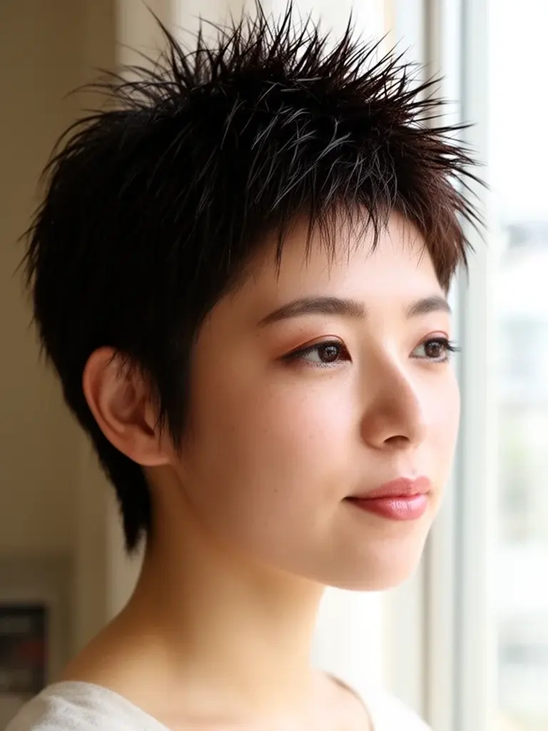 Spiky pixie grown-out version on a Japanese woman showing texture still present after 6 weeks