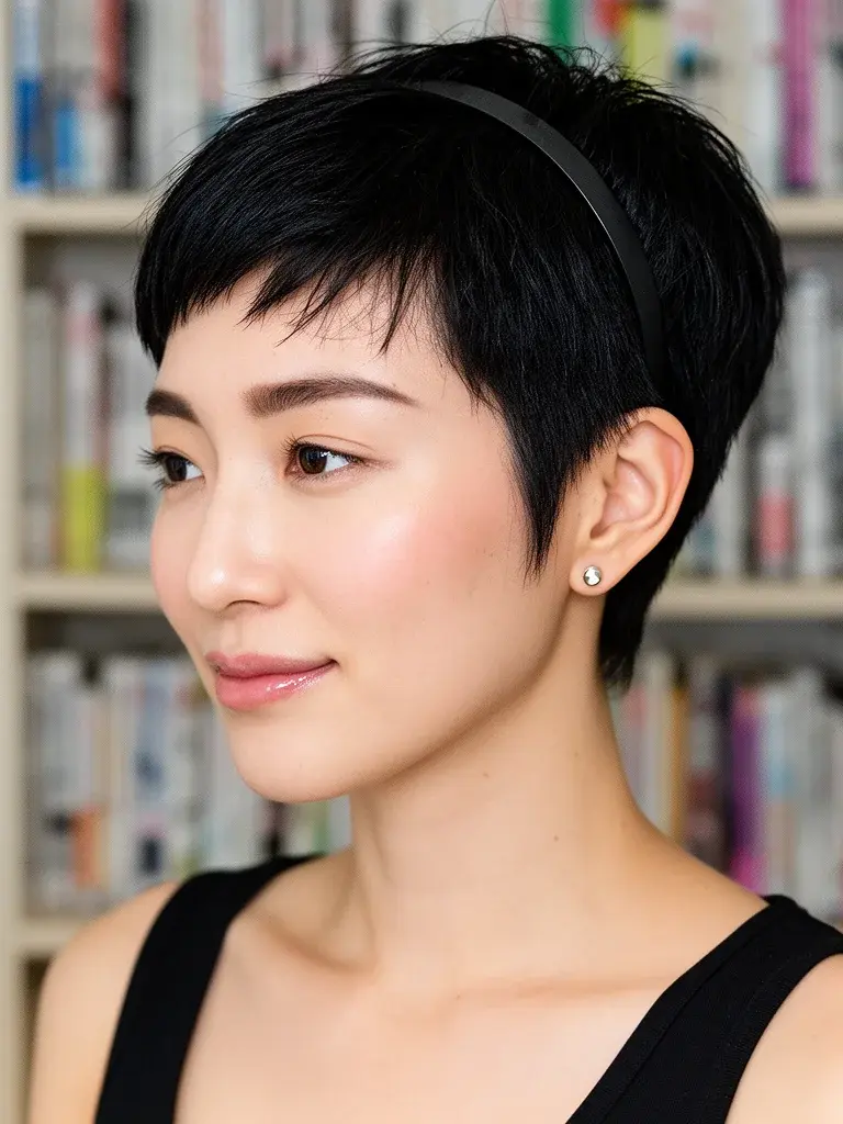 Short pixie cut on a Japanese woman with black hair and thin headband