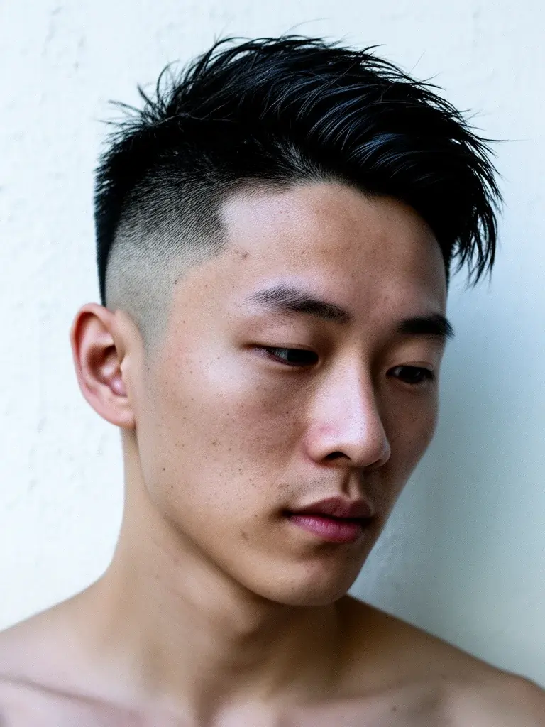 Low fade on round face with textured top for balance
