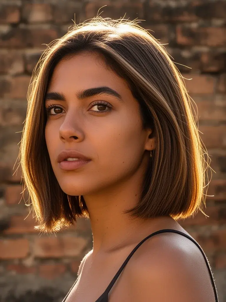 Brazilian woman with a-line bob, backlit three-quarter view