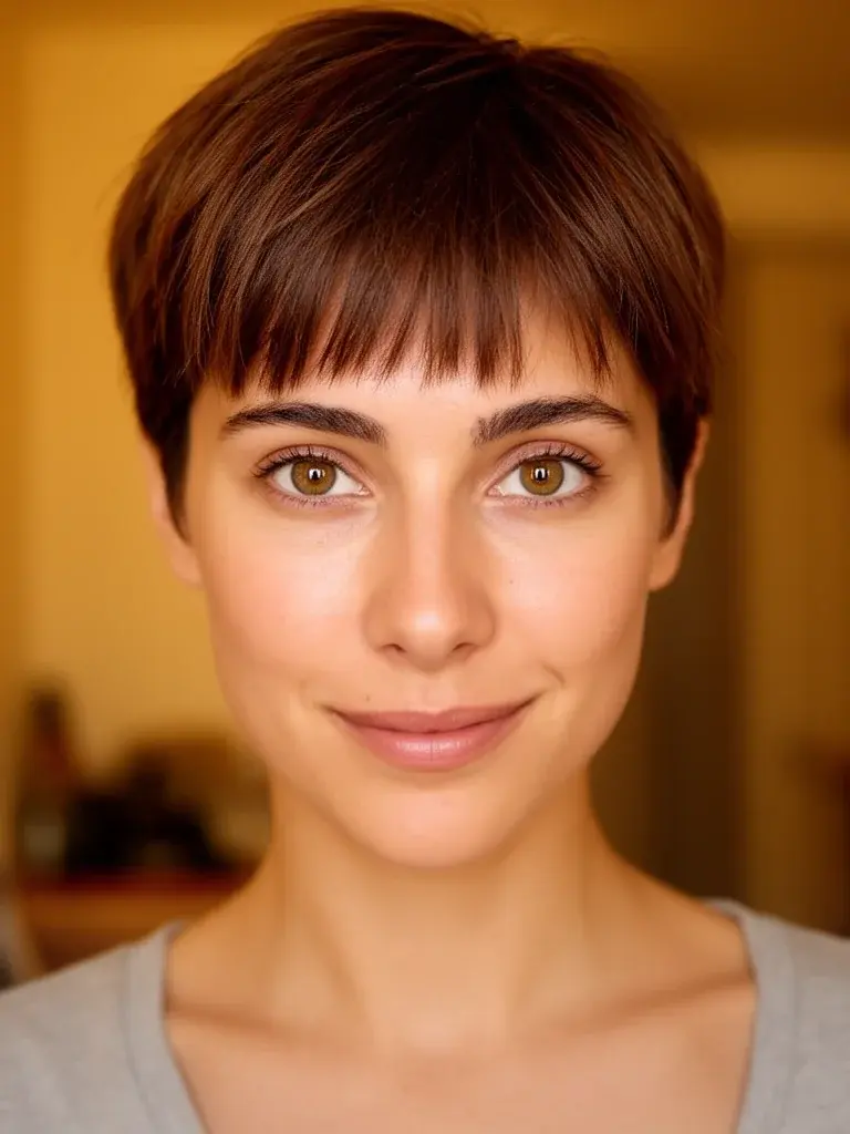 Pixie short bangs grown-out at 5 weeks on a French woman with chestnut hair