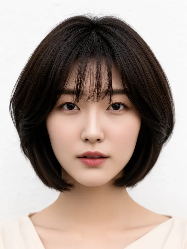 Korean woman with inverted bob, front view showing longer front pieces and crown volume