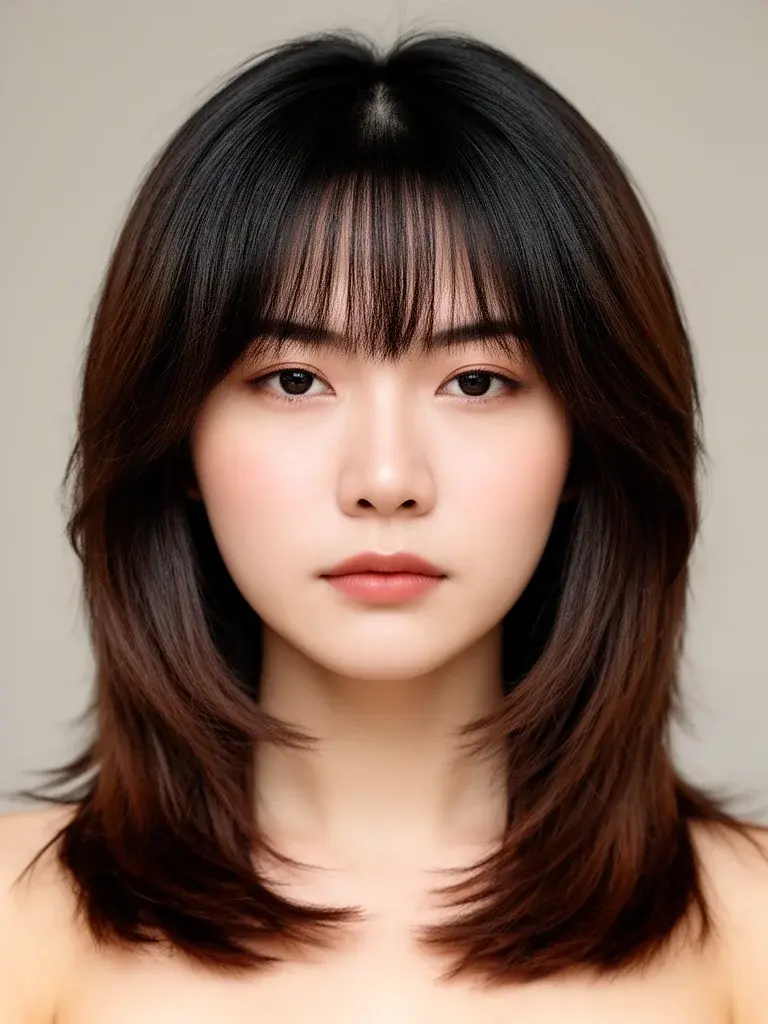 Vietnamese woman with wolf cut, front-facing view showing layered length and curtain bangs