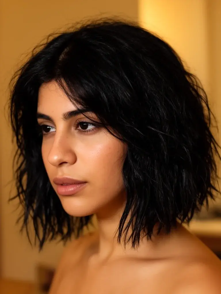 Shaggy bob on thick hair, Middle Eastern woman with rich black hair and voluminous texture