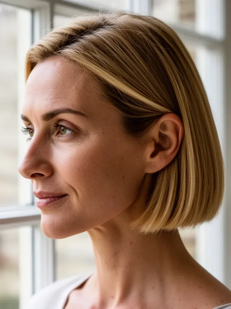 Classic bob side profile on British woman with honey blonde hair tucked behind ear