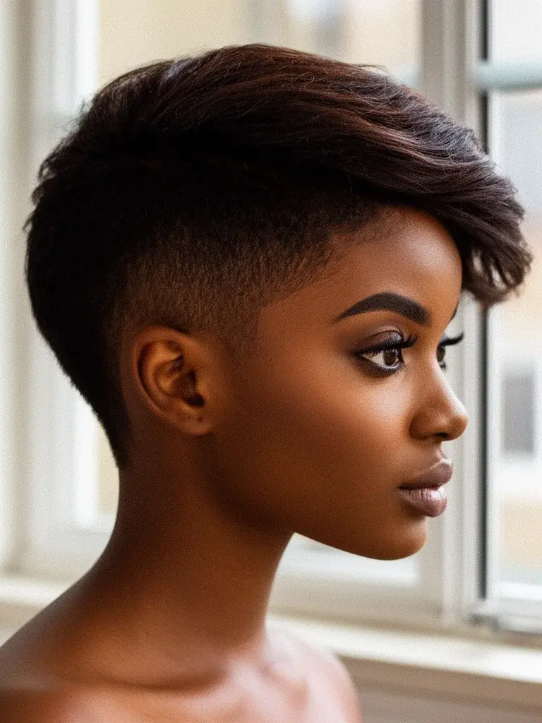 Long pixie cut side profile on a Black woman with natural texture and a confident expression
