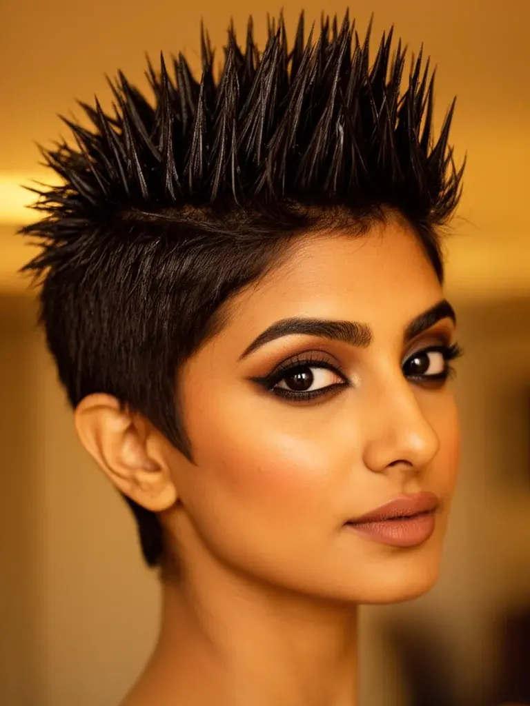 Spiky pixie on a South Asian woman with dark hair styled upward with visible texture peaks