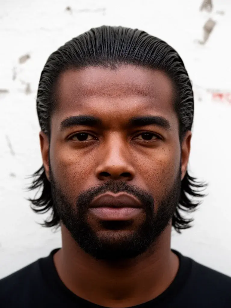 Slicked back flow front view with smooth swept-back hair and natural shine