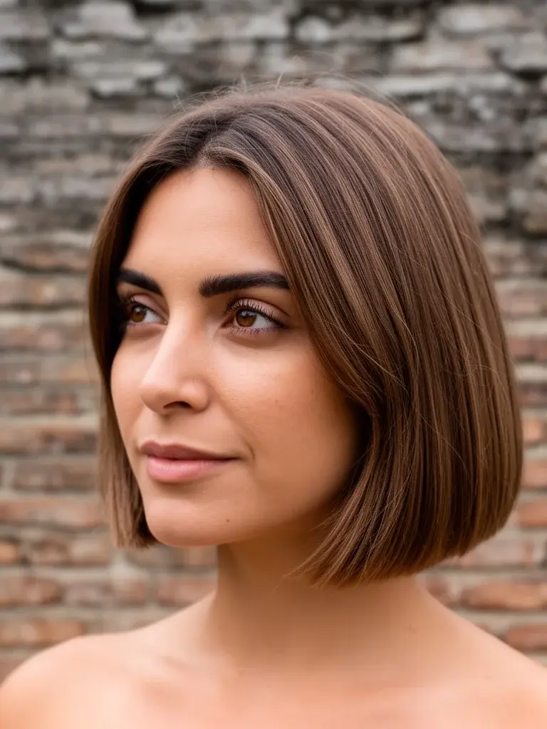 Brazilian woman with blunt bob, three-quarter view in natural outdoor light