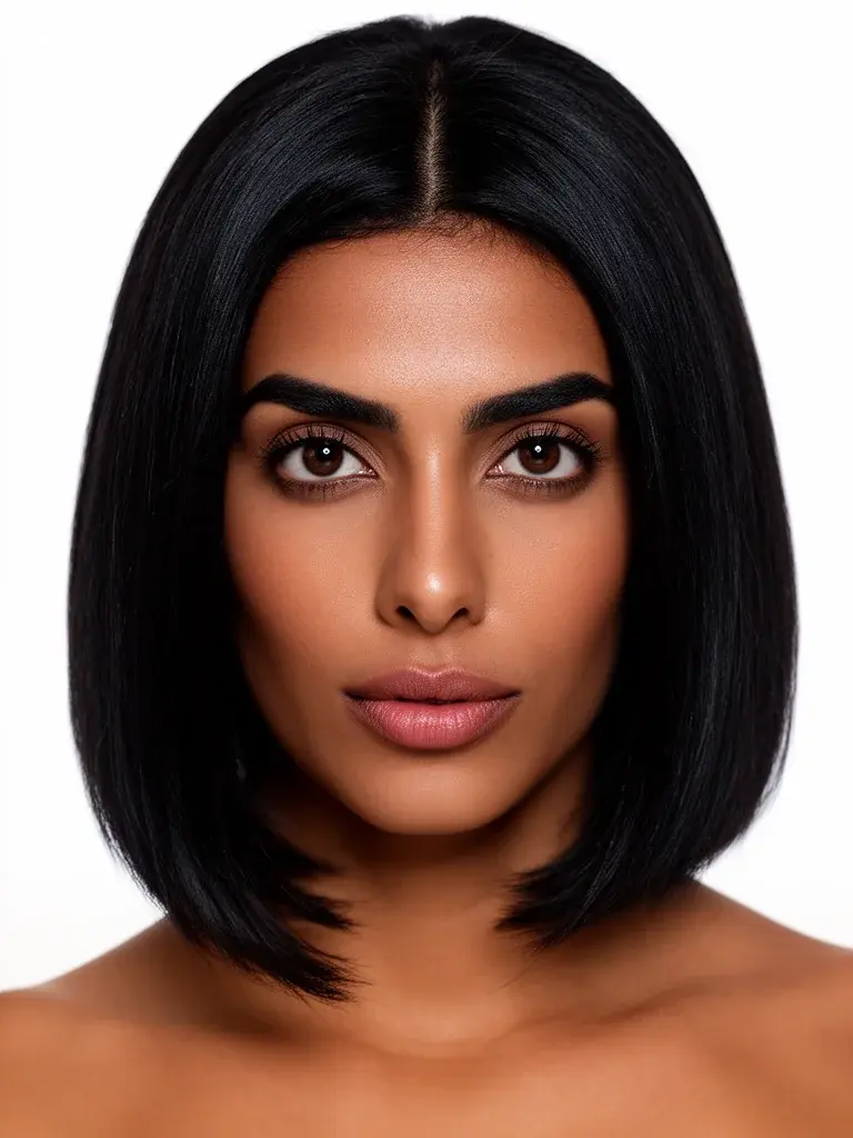 Moroccan woman with dark lob in minimal setting, front view