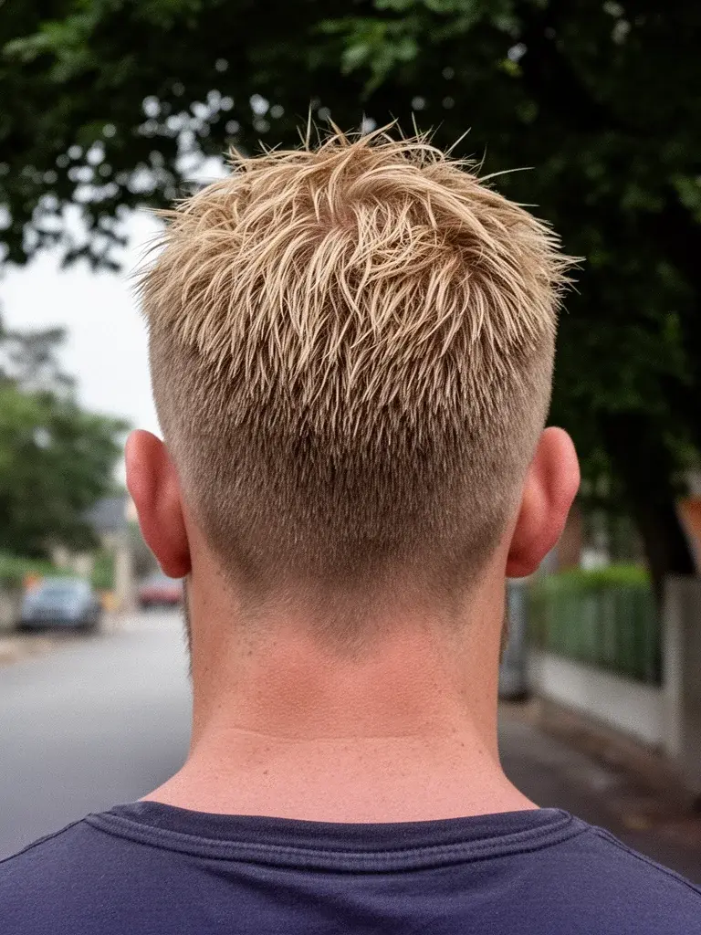Textured crop back view with clean neckline and tapered sides