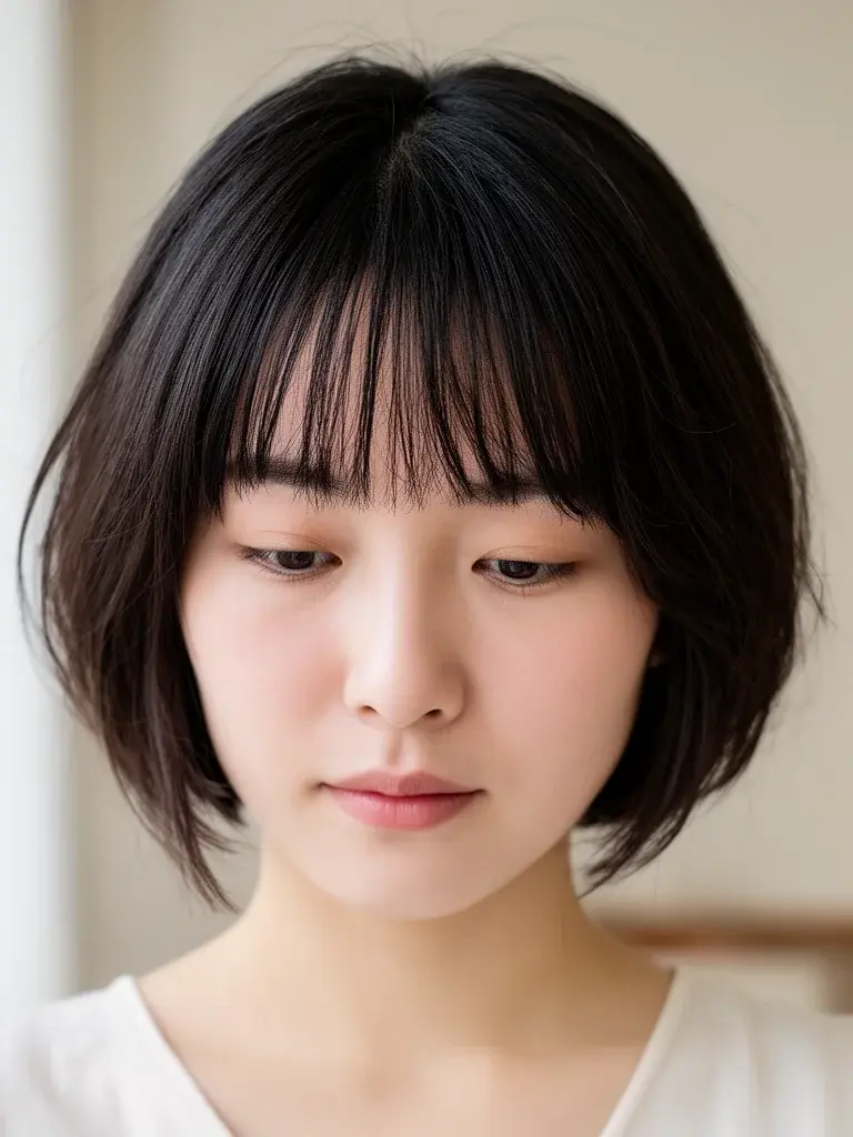 Bottleneck bangs on a Japanese woman with air-dried bob