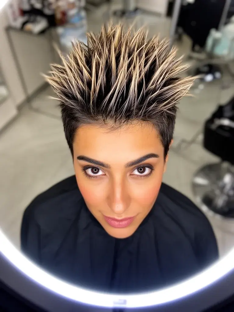 Spiky pixie cut overhead view on a Middle Eastern woman with dark hair and highlights