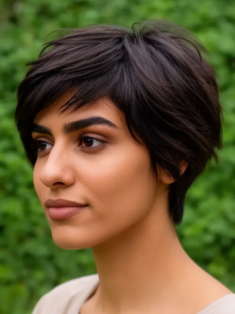 Layered pixie cut outdoors on a Middle Eastern woman with black hair in natural light
