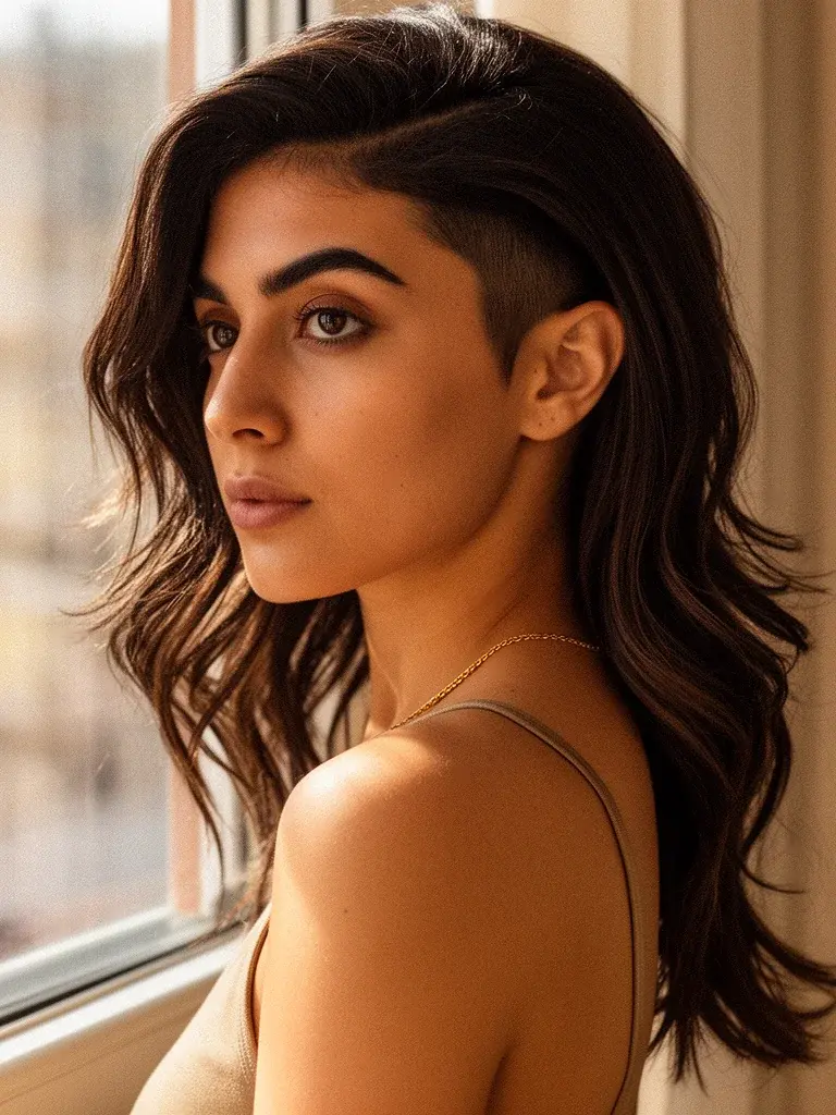 Dramatic V-cut layers on a mixed heritage woman with highlighted wavy hair, back view