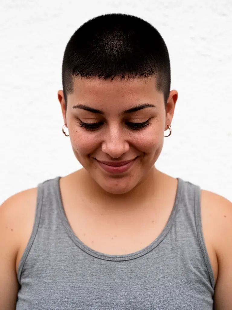 Mexican woman with black buzz cut, front view looking down with gentle smile in clean minimal setting
