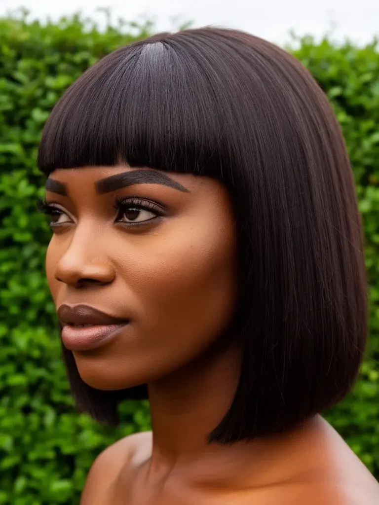 Blunt bangs three-quarter view on a Nigerian woman with bob haircut