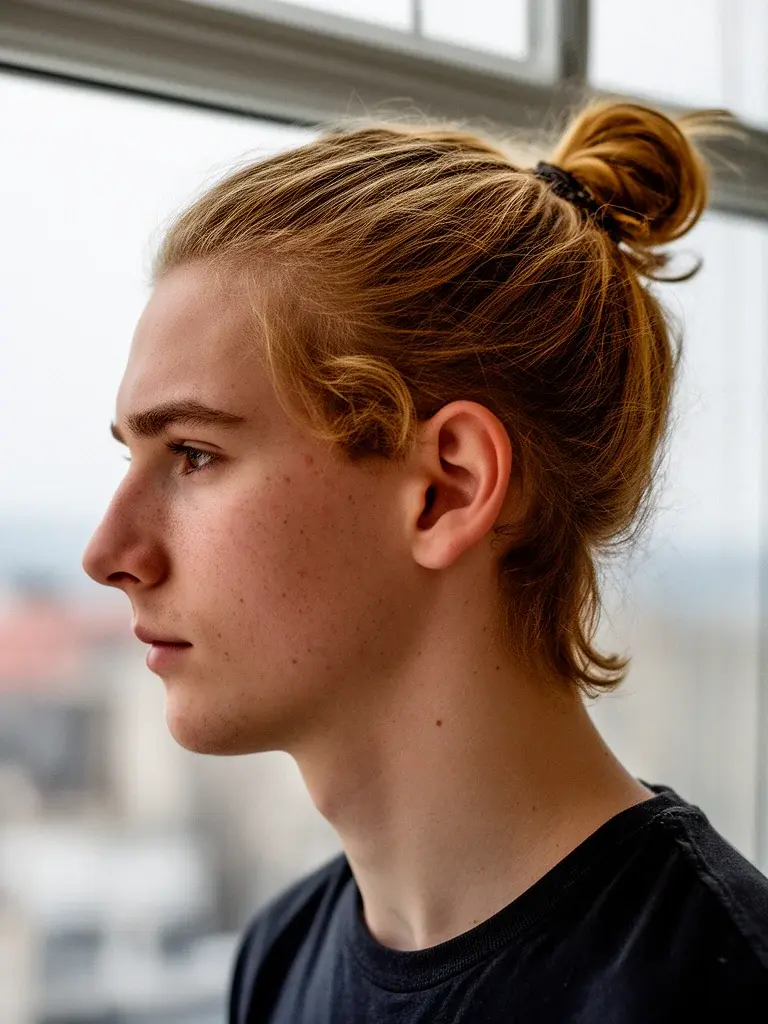 Man bun side profile revealing the bun placement at the crown