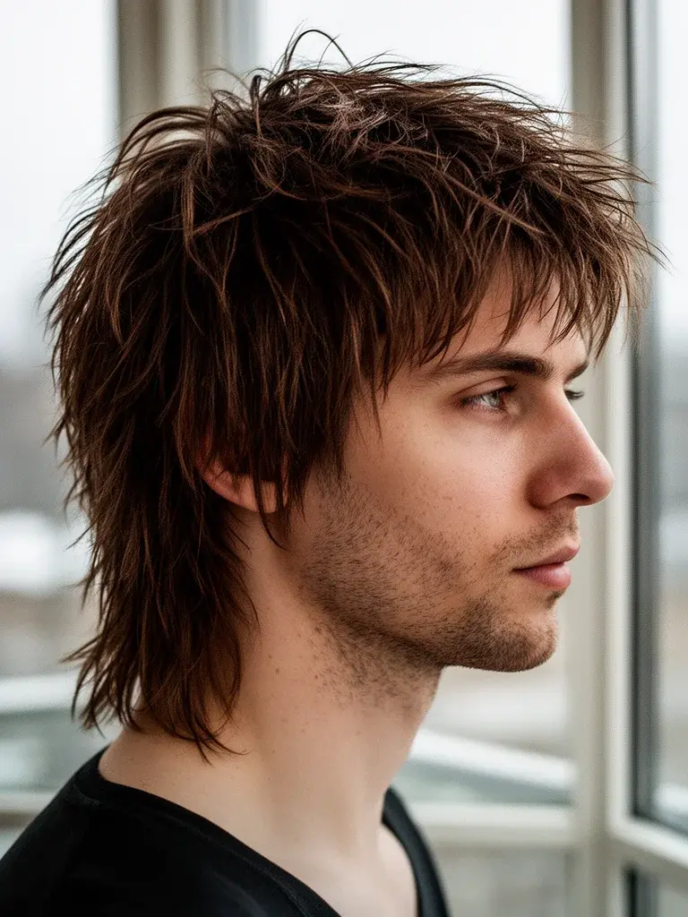 Wolf cut side profile revealing the shaggy layered silhouette