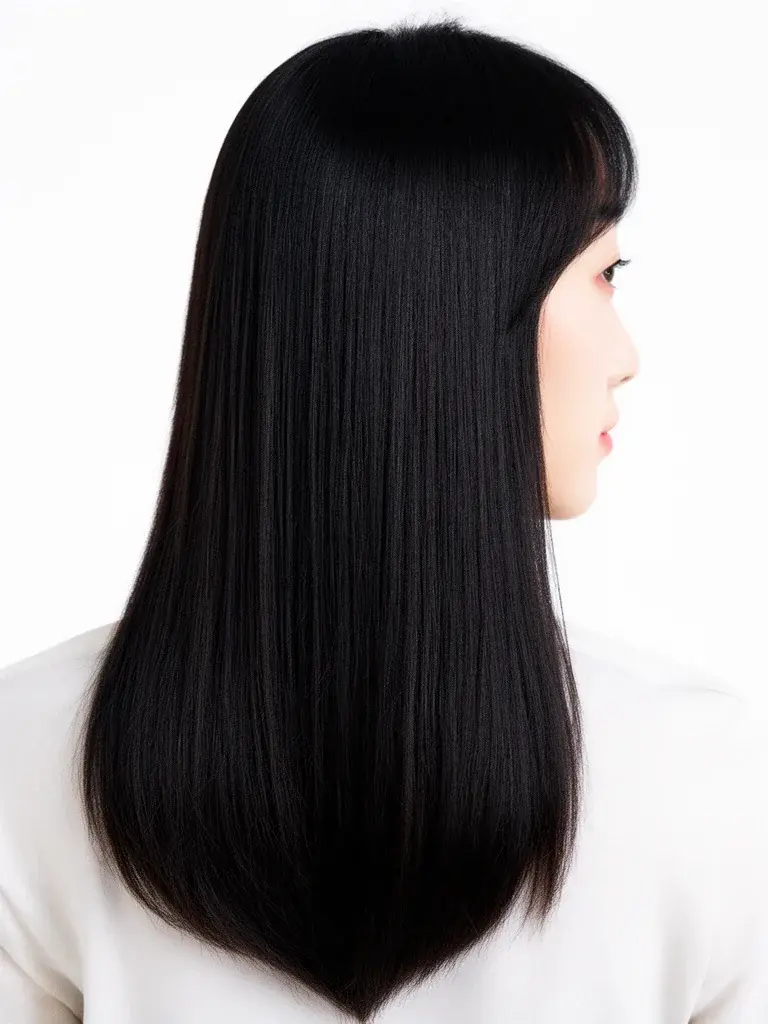 V-cut layers back view on a white woman with long straight blonde hair showing sharp V-point