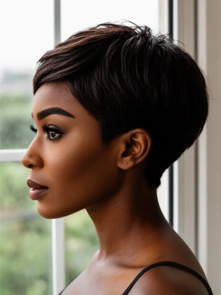 Layered pixie cut side view on a Black woman with natural hair and defined crown layers