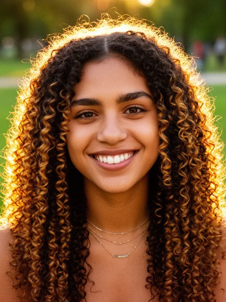 Defined spiral curls on an African American woman with 3B texture, front view showing pencil-width corkscrews