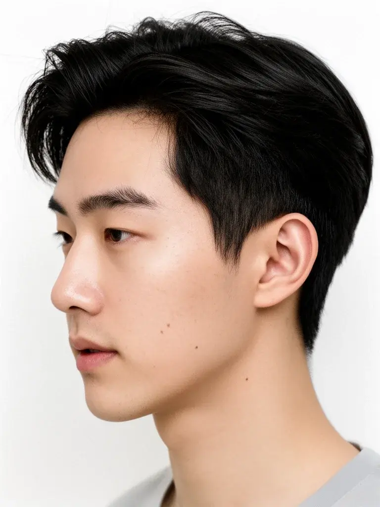 Side part three-quarter view with styled top and clean blend